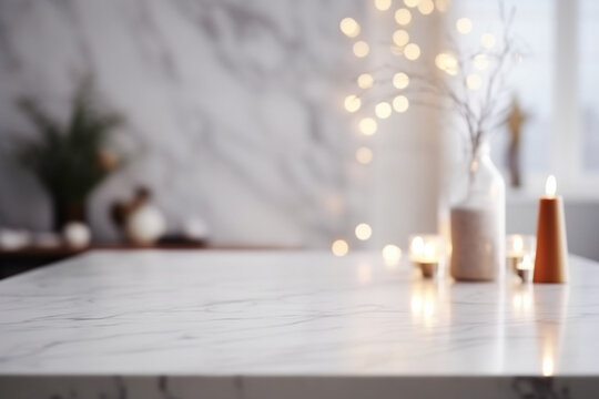 Christmas Celebration Table Counter Top, Podium Pedestal, Abstract Bokeh Living Room Space Background in Interior. Product Mock up Display, Back Drop. Generative AI.