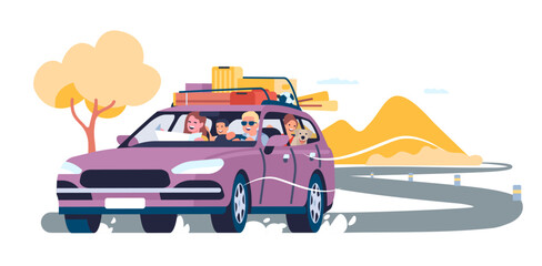 Summer travel by car. Family auto vacation. Road trip. Holiday transport driving. Baggage on vehicle roof. Automobile tourism. Adventure journey. Parents with children. Vector concept