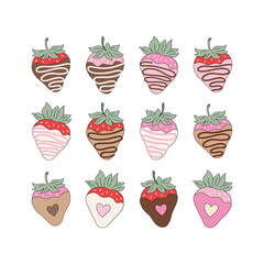 St Valentine Day chocolate dipped Strawberry vector illustration set isolated on white. Valentine dessert love berry print collection for 14 February holiday.
