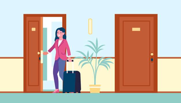 Woman tourist with suitcase walks into hotel room. Female opening door with electronic key. Traveler accommodation in motel. Hostel corridor interior. Guests baggage. Vector concept