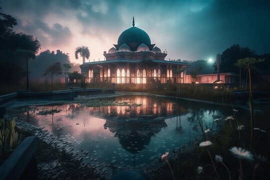mosque full object perspective photo generate AI, for ramadhan kareem, eid al fitr, eid adha, islamic event
