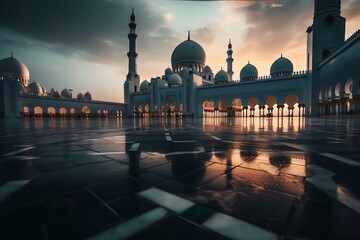 mosque full object perspective photo generate AI, for ramadhan kareem, eid al fitr, eid adha, islamic event - obrazy, fototapety, plakaty
