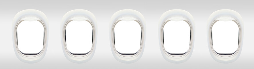 Photo of five windows of an airplane from inside (flight concept),frames isolated on transparent background