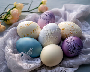 Collection of vibrant Easter eggs adorned with delicate lace patterns, placed on a soft fabric surface.