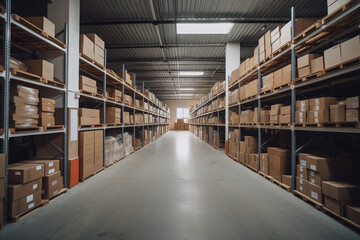 A sizeable clean warehouse with shelves and cardboard boxes. AI generative