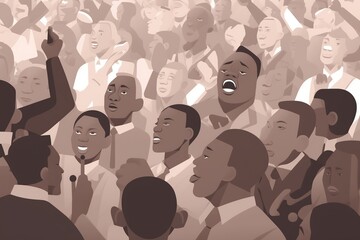 Flat illustration of MLK delivering "I Have a Dream" speech, diverse crowd, monochrome colors. generative ai