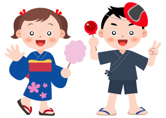 縁日・祭りを楽しむ男女の子供