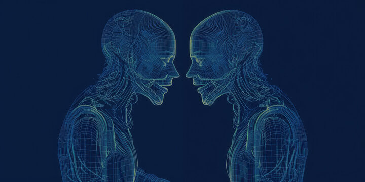 ASCII Art style Illustration of two humanoids kissing over blue background. Generative AI