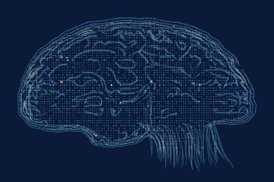ASCII Art style Illustration of brain over blue background. Generative AI