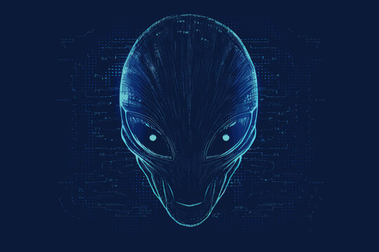 ASCII Art style Illustration of alien over blue background. Generative AI