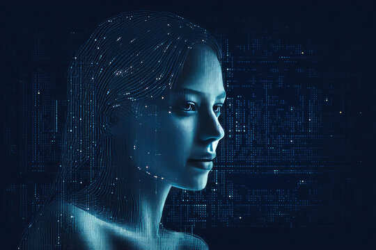 ASCII Art style Illustration of woman over blue background. Generative AI