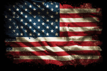 AI generated closeup of grunge vintage dark american flag blowing wind at USA independence day
