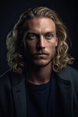 Obraz premium Blonde Sigma Man with Blue Eyes, Well-Groomed Short Beard, Intense Gaze