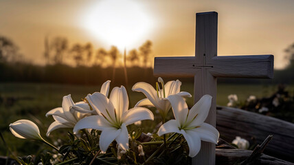 Peaceful Easter morning scene, featuring a wooden cross adorned with a crown of thorns and white lilies, set against a soft sunrise sky.
