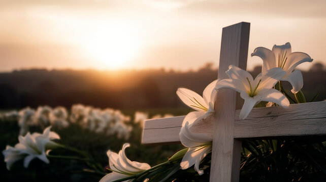 Peaceful Easter morning scene, featuring a wooden cross adorned with a crown of thorns and white lilies, set against a soft sunrise sky.