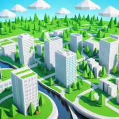 Low-poly city with building and trees. Generative AI.
