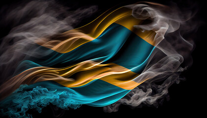 Explosion or Splashing of Smoke Wind in Shape of National Flag of Bahamas Country on Dark Background Generative AI