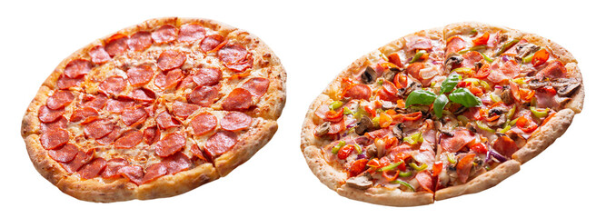 pizza with bacon, mushrooms, salami and pepperoni pizza isolated on transparent background