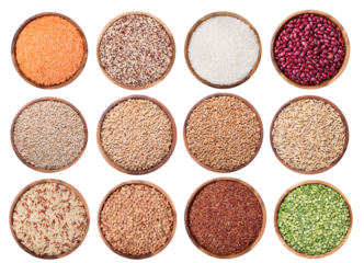 set of bowls of various seeds, beans and grains isolated on transparent background, top view
