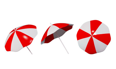 3d render of a red and white striped beach umbrella from different angles. vector illustration in cartoon style