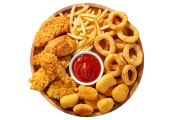 plate of fast food meals : onion rings, french fries, chicken nuggets and fried chicken isolated on transparent background, top view - 588388799