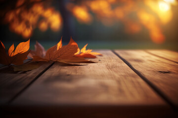Naklejka na ściany i meble autumn leaves on the wooden table