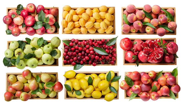 set of wooden boxes with fresh fruits isolated on transparent background, top view