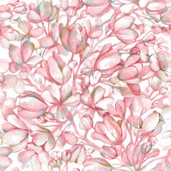 Cute seamless pattern of spring delicate pink sprigs of flowering fruit tree on white background