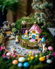 Whimsical Easter fairy garden, complete with miniature bunny figurines, tiny painted eggs, and colorful spring flowers.