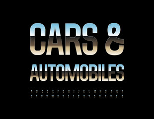Vector industrial sign Cars and Automobiles. Glossy silver Font. Metallic set of elegant Alphabet Letters and Numbers