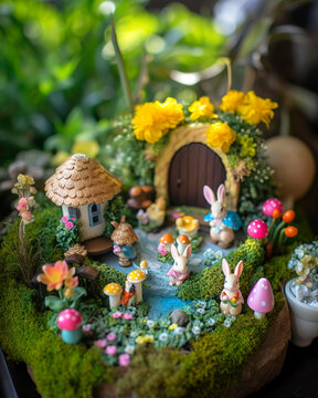 Whimsical Easter fairy garden, complete with miniature bunny figurines, tiny painted eggs, and colorful spring flowers.