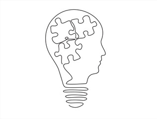 Continuous One  line drawing of light bulb, in the form of a human face with puzzles  inside.