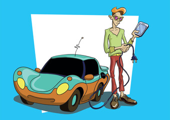 Young guy in sunglasses standing near the electric car with a mobile phone, cartoon style painting 
