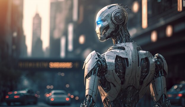 Humanoider Roboter mit Künstlicher Intelligenz in einer Stadt. Generative AI