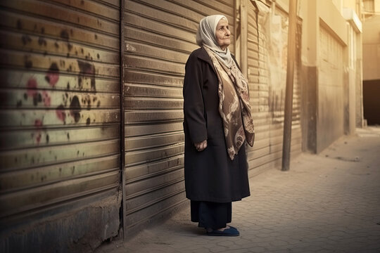 Muslim woman in hijab standing on street