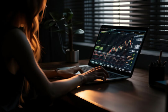 Crop woman working on laptop in dark room