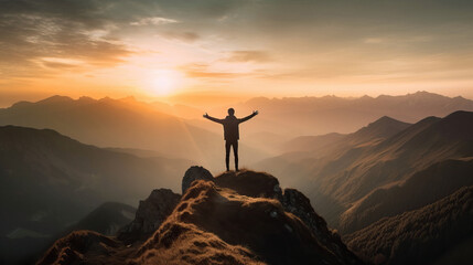 Success photo concept, a person on the top of mountain, Generative AI