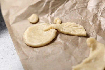 Fototapeta na wymiar Dough in apple shape on baking parchment