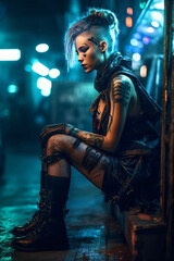 Fototapeta na wymiar a futuristic sad punk girl in the dark night, fictional person created with generative ai
