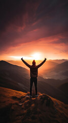 Fototapeta premium Adventurer in the top, raising arms, sunset landscape, success theme, Generative AI