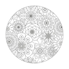 Floral pattern in a circle.                                             Antistress coloring book for children and adults. 