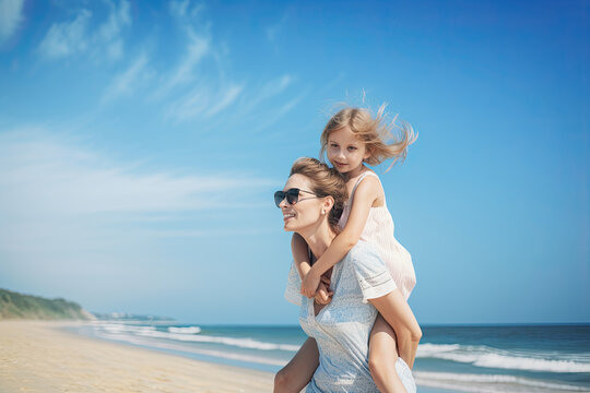 Happy mother and daughter having fun on the beach. Concept of friendly family. Generative AI