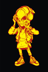 Original vector illustration. An alien in a hood with headphones, in stylish clothes. T-shirt design, or stickers.