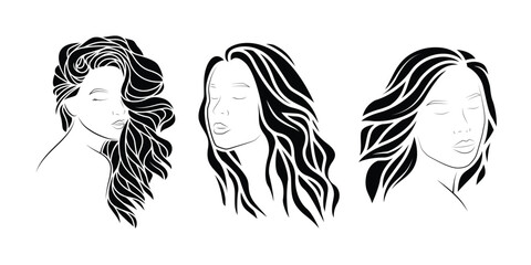Original vector collection in vintage style. Silhouette of a girl with gorgeous hair. T-shirt design. Design elements.