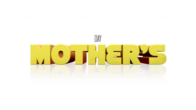 Cartoon yellow Mothers Day text on white gradient, motion abstract holidays, promo and advertising style background