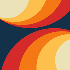 Retro style illustration with multicolored (yellow, red, orange, beige) curves decoration on dark blue background - 588392196
