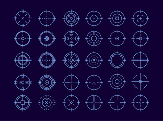 Crosshair gun sight vector icons set. Bullseye, target or aim symbol. Futuristic aim pointer. Military rifle scope, shooting mark sign. Targeting, aiming. Archery, hunting vector