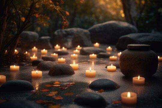 A bokeh background of a peaceful zen garden with lit candles Generative AI