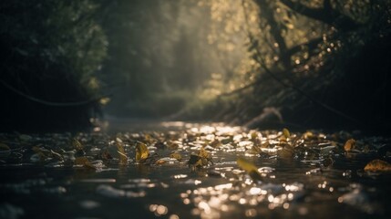 A bokeh background of a peaceful river flowing through a forest Generative AI