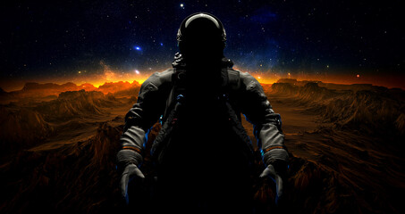 Naklejka premium Astronaut cosmonaut discovery of new worlds of galaxies panorama, fantasy portal to far universe. Astronaut space exploration, gateway to another universe. 3d render